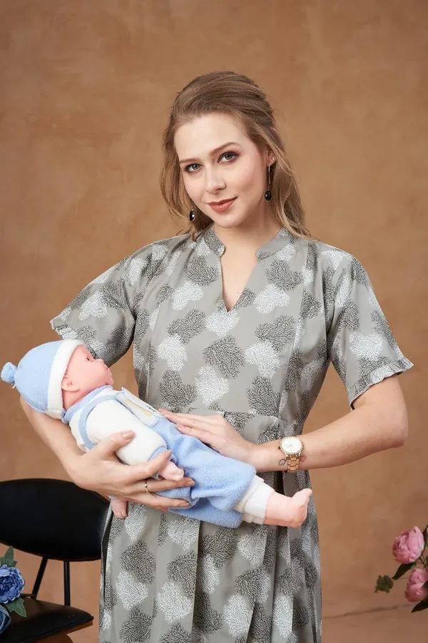 Light_Grey_Maternity_&_Nursing_Dress_Floral_Print_Midi_With_Empire_Waist_&_Short_Flutter_Sleeves_For_Pregnancy_&_Postpartum_For_Women