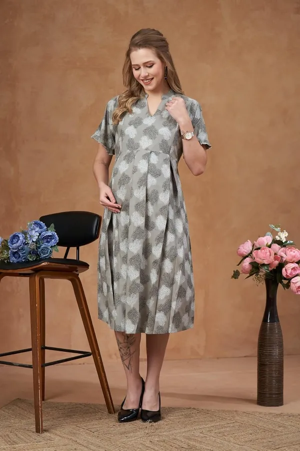 Light_Grey_Maternity_&_Nursing_Dress_Floral_Print_Midi_With_Empire_Waist_&_Short_Flutter_Sleeves_For_Pregnancy_&_Postpartum_For_Women
