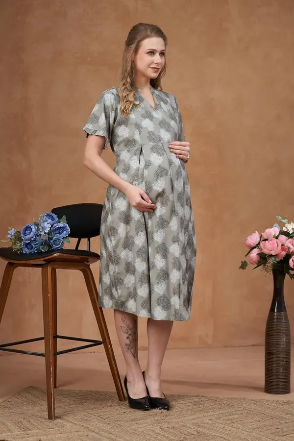 Light_Grey_Maternity_&_Nursing_Dress_Floral_Print_Midi_With_Empire_Waist_&_Short_Flutter_Sleeves_For_Pregnancy_&_Postpartum_For_Women