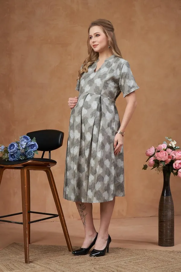Light_Grey_Maternity_&_Nursing_Dress_Floral_Print_Midi_With_Empire_Waist_&_Short_Flutter_Sleeves_For_Pregnancy_&_Postpartum_For_Women