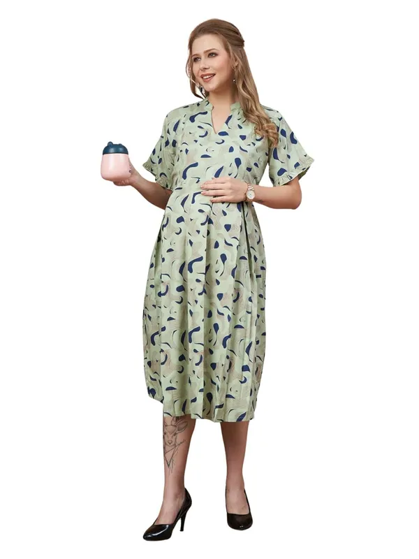 Pista_Green_Woven_Short_Flutter_Sleeves_Gemotrical_Printed_Maternity_Dress_With_Pocket_&_Concealed_Zipper_For_Women