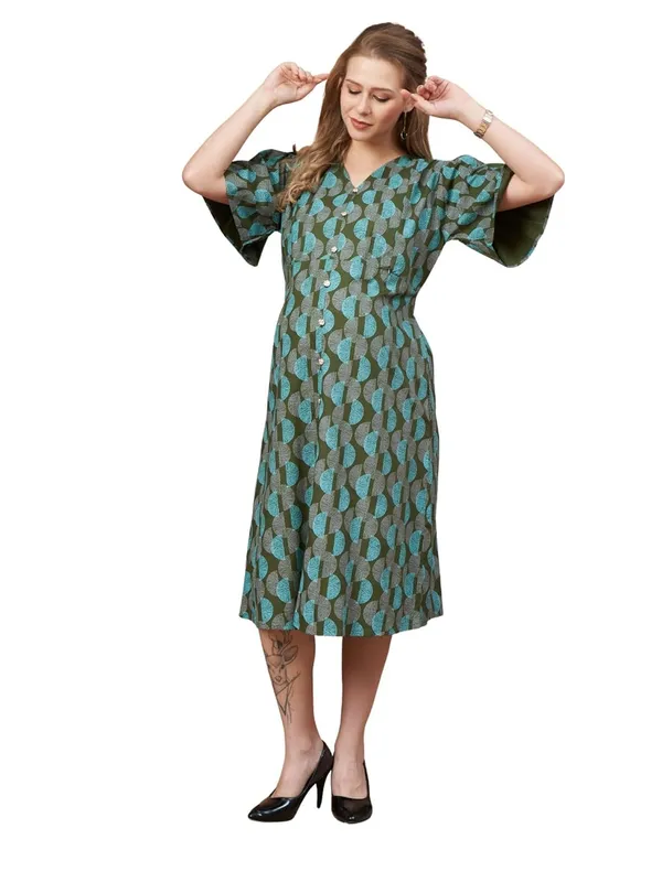 Olive_Green_Woven_Fla_Short_Sleeves_Gemotrical_Printed_Maternity_Dress_With_Pocket_&_Concealed_Zipper_For_Women