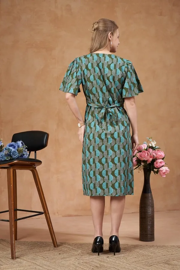 Olive_Green_Woven_Fla_Short_Sleeves_Gemotrical_Printed_Maternity_Dress_With_Pocket_&_Concealed_Zipper_For_Women