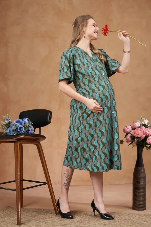 Olive_Green_Woven_Fla_Short_Sleeves_Gemotrical_Printed_Maternity_Dress_With_Pocket_&_Concealed_Zipper_For_Women