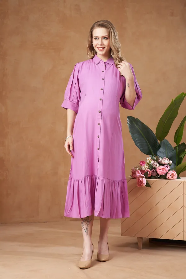 Pink_Rayon_Maternity_Use_Adjustable_Long_Dress_For_Women