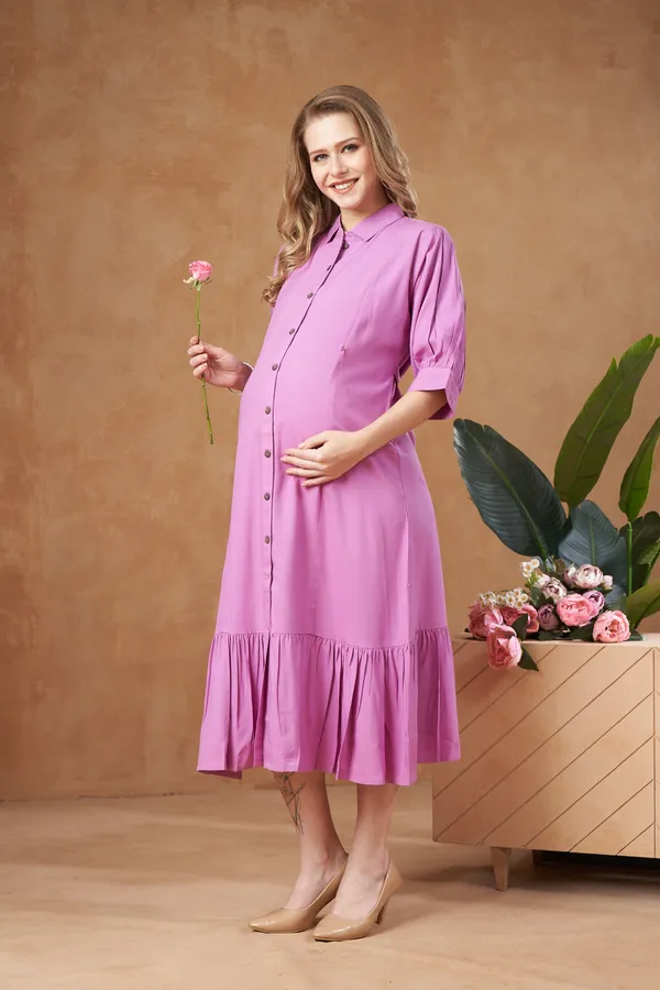 Pink_Rayon_Maternity_Use_Adjustable_Long_Dress_For_Women