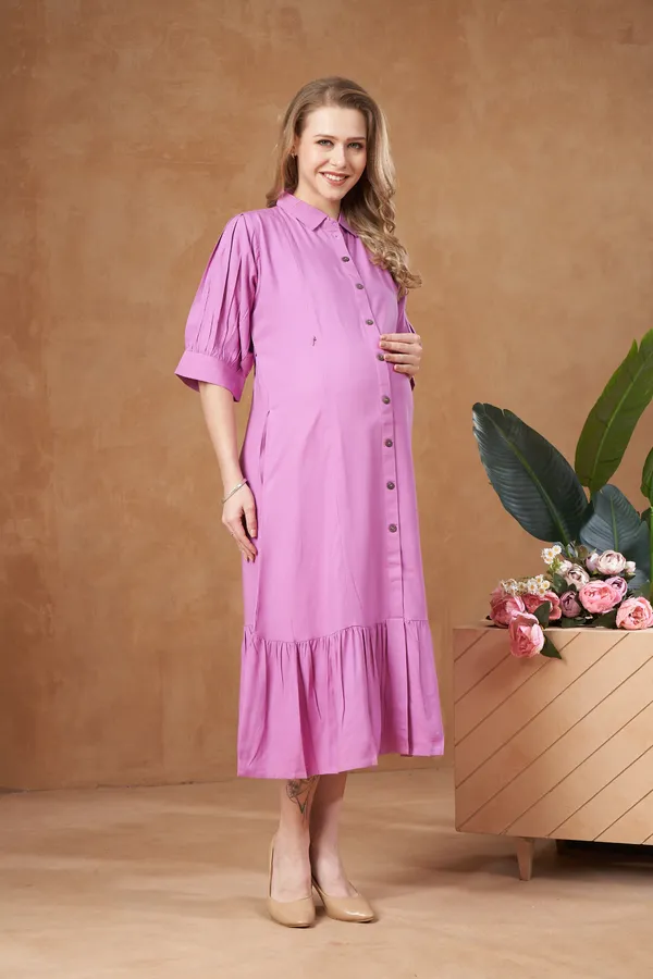 Pink_Rayon_Maternity_Use_Adjustable_Long_Dress_For_Women
