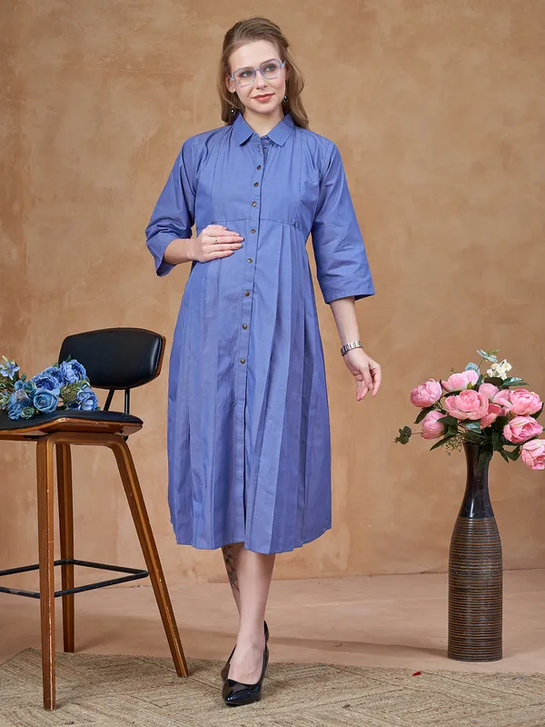 Blue_Maternity_Denim_Look_Cotton_Dress_Soft_Breathable_Flexible_Solid_Color_For_Everyday_&_Semi_Casual_Wear_For_Women