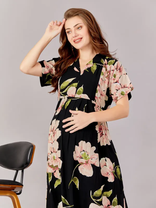 Black_Premium_Rayon_Maternity_Use_Adjustable_Long_Dress_For_Women
