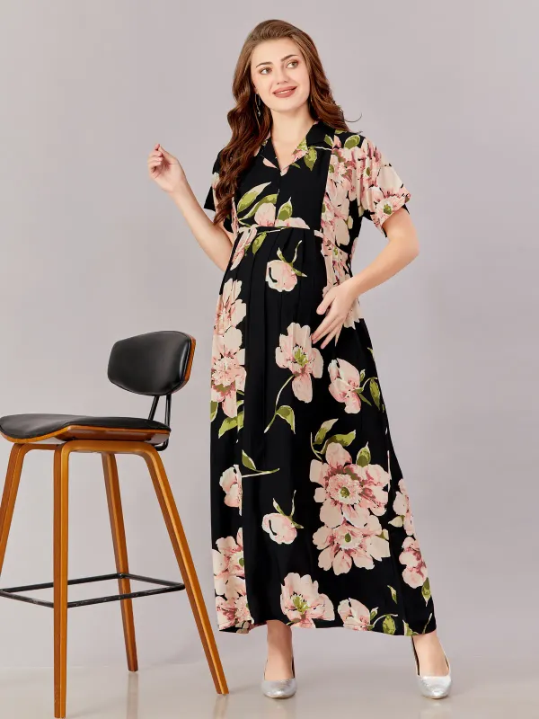 Black_Premium_Rayon_Maternity_Use_Adjustable_Long_Dress_For_Women