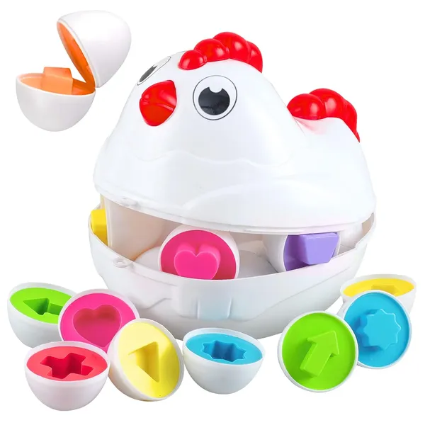 Multicolour_Matching_Shapes_Eggs__Activity_Toy_For_Babies__12_Multicolor_Eggs__Educational_Game_For_Toddler_&_Preschool_Kids__Pull-Along_Hen_Toy_With_Wheels