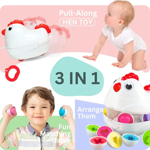 Multicolour_Matching_Shapes_Eggs__Activity_Toy_For_Babies__12_Multicolor_Eggs__Educational_Game_For_Toddler_&_Preschool_Kids__Pull-Along_Hen_Toy_With_Wheels