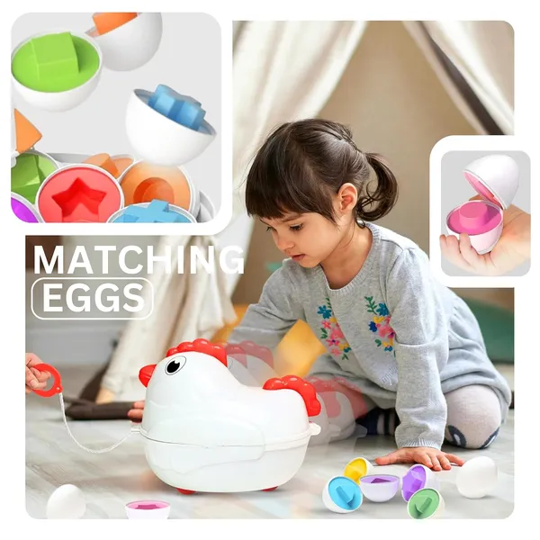 Multicolour_Matching_Shapes_Eggs__Activity_Toy_For_Babies__12_Multicolor_Eggs__Educational_Game_For_Toddler_&_Preschool_Kids__Pull-Along_Hen_Toy_With_Wheels