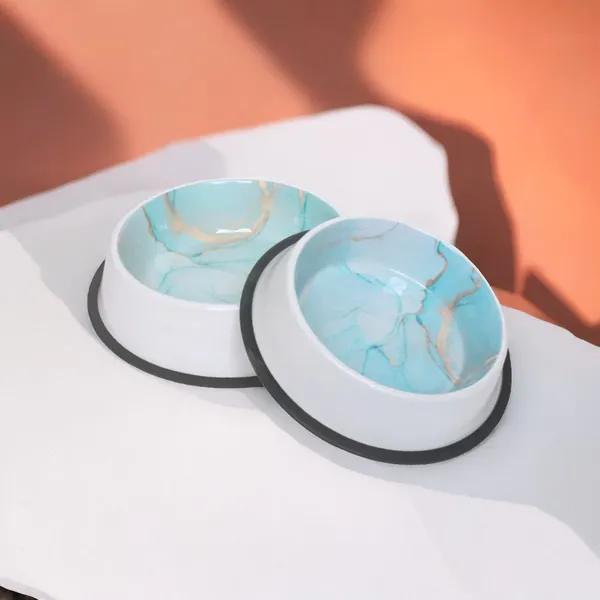 Teal_And_White_Contemporary_Italian_Stainless_Steel_Pet_Bowl_Anti_Skid