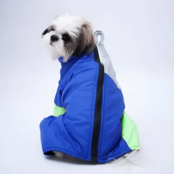 Blue_And_Green_Winter_Dog_Jacket_With_Metallic_Silver_Sleeves_Full_Coverage_And_Top_Zip