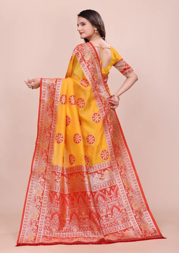Yellow_With_Red_Border_Banarasi_Silk_Saree_With_Woven_Border_And_Brocade_Pallu_For_Women