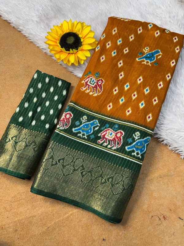 Mustard_Yellow_Traditional_Ikat_Saree_With_Zari_Border_And_Elephant_Motifs_For_Women