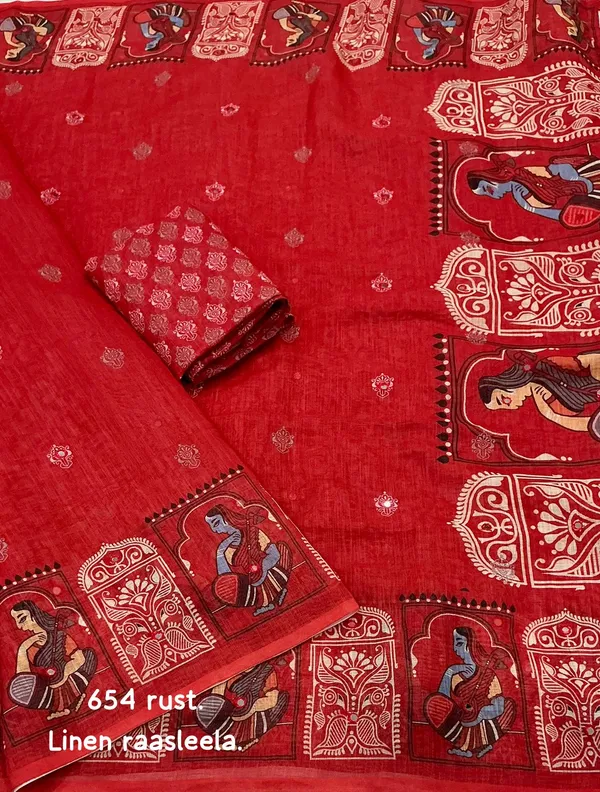 Rust_Red_Rust_Linen_Raasleela_Saree_With_Kalamkari_Border_And_Tassels_For_Women