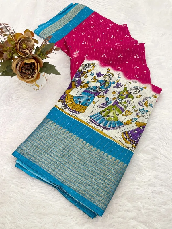 Pink_With_Blue_Border_Traditional_Kalamkari_Print_Cotton_Saree_With_Border_For_Women
