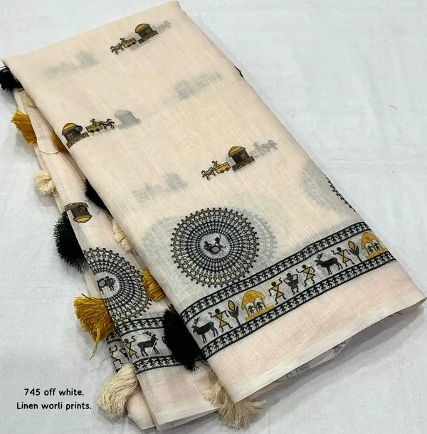 Off_White_Off_Linen_Warli_Print_Saree_With_Blouse_For_Women