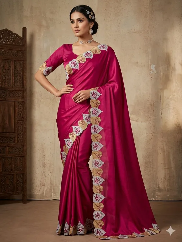 Magenta_Embroidered_Satin_Silk_Saree_With_Leaf_Border_For_Women