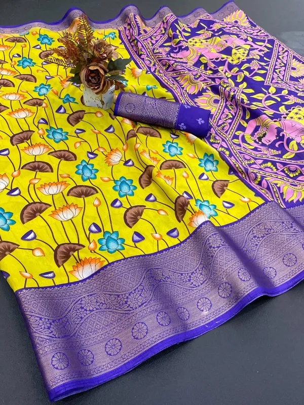Yellow_With_Purple_Border_Floral_Paithani_Silk_Saree_With_Border_For_Women