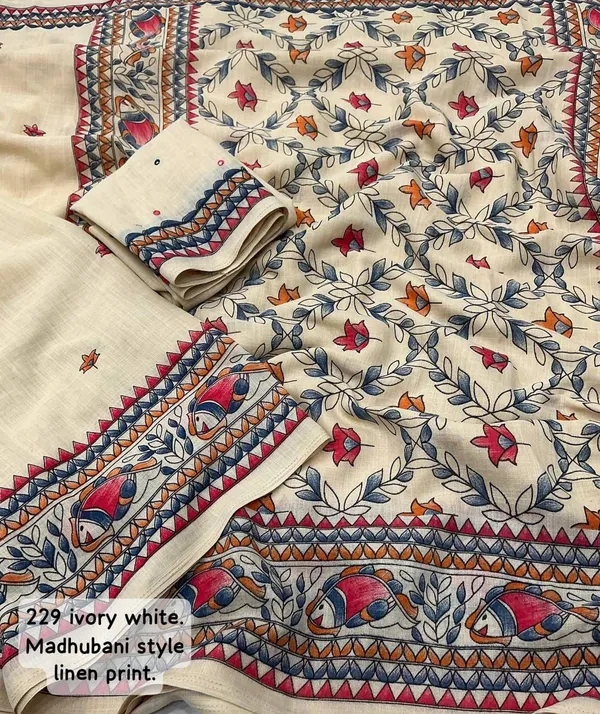 Ivory_White_Ivory_Madhubani_Style_Linen_Saree_With_Printed_Blouse_For_Women