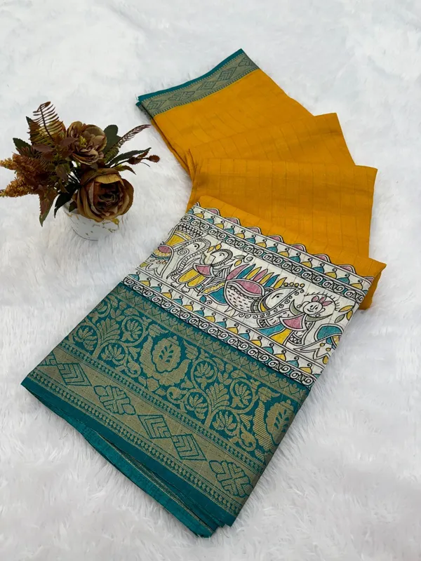 Mustard_Yellow_With_Teal_Blue_Border_Kalamkari_Print_Border_Silk_Saree_With_Border_For_Women