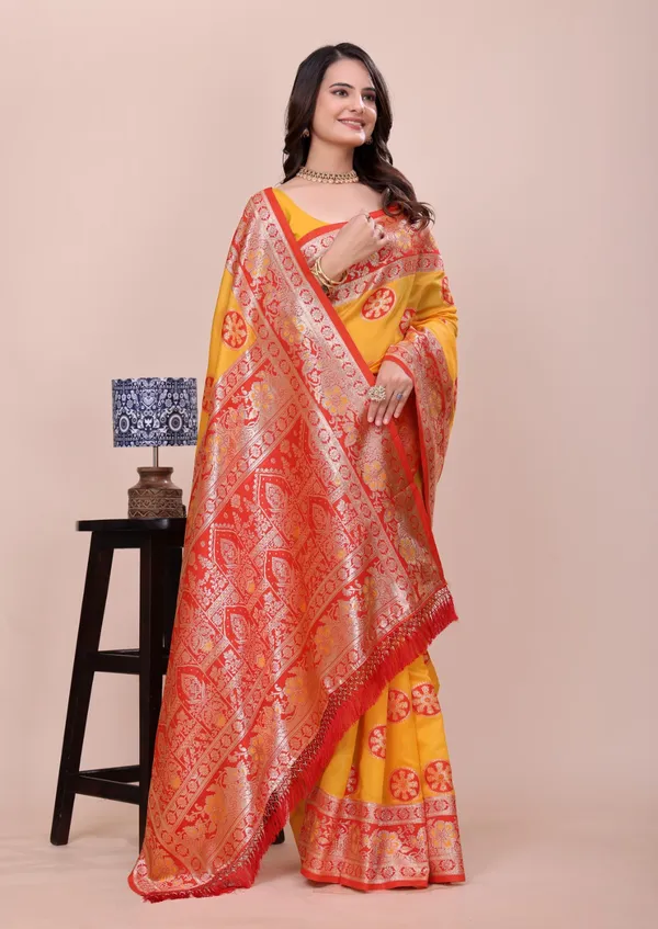 Yellow_With_Red_Border_Banarasi_Silk_Saree_With_Woven_Border_And_Brocade_Pallu_For_Women