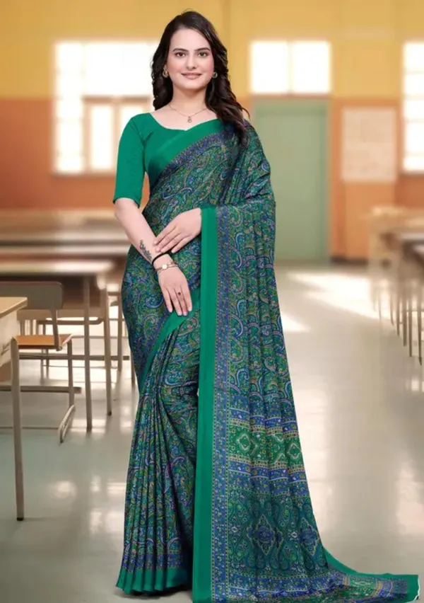 Green_Printed_Saree_With_Solid_Blouse_For_Women