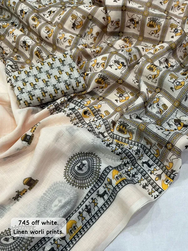 Off_White_Off_Linen_Warli_Print_Saree_With_Blouse_For_Women