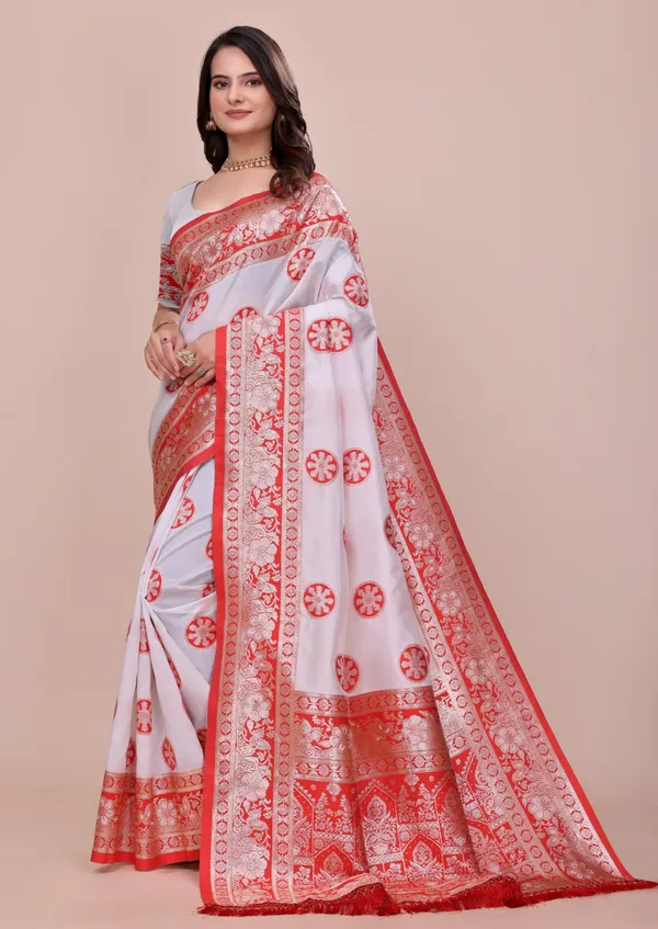White_And_Red_And_Banarasi_Silk_Saree_With_Zari_Work_For_Women