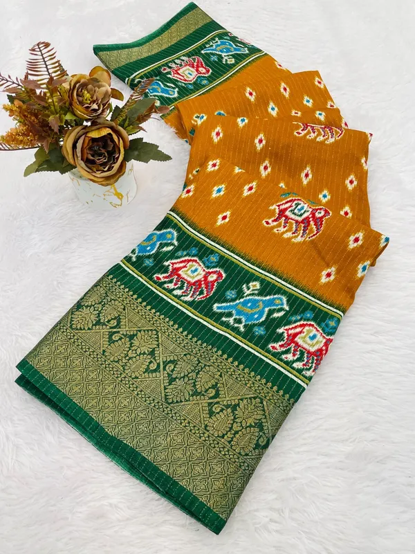 Mustard_Yellow_With_Green_Border_Kanjivaram_Silk_Saree_With_Woven_Border_And_Elephant_Motifs_For_Women
