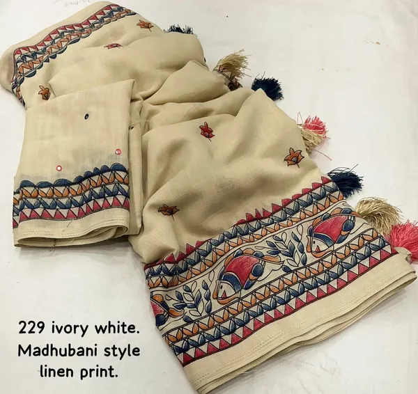Ivory_White_Ivory_Madhubani_Style_Linen_Saree_With_Printed_Blouse_For_Women