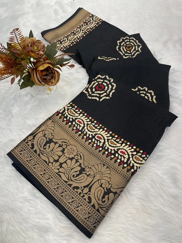 Black_Banarasi_Silk_Saree_With_Zari_Border_And_Embroidered_Blouse_For_Women