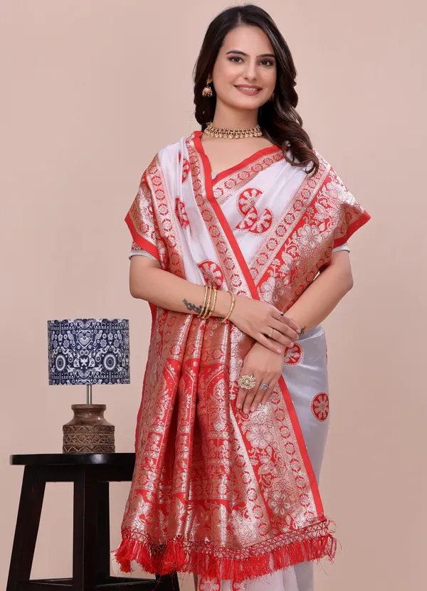 White_And_Red_And_Banarasi_Silk_Saree_With_Zari_Work_For_Women