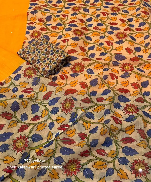 Multicolor_Linen_Kalamkari_Printed_Saree_With_Blouse_For_Women