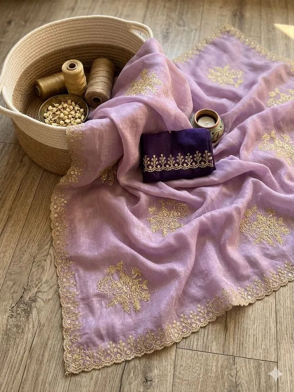Lavender_Lavender_Organza_Saree_With_Embroidered_And_Velvet_Blouse_For_Women