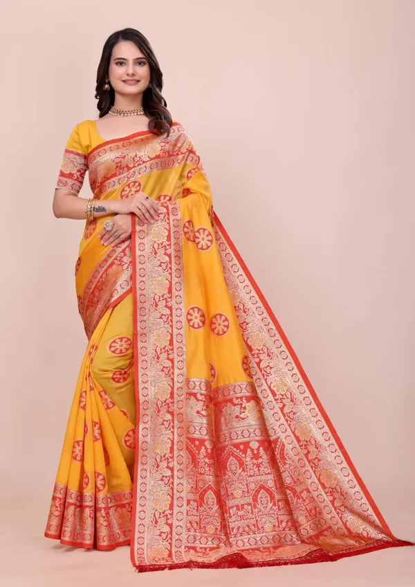 Yellow_With_Red_Border_Banarasi_Silk_Saree_With_Woven_Border_And_Brocade_Pallu_For_Women