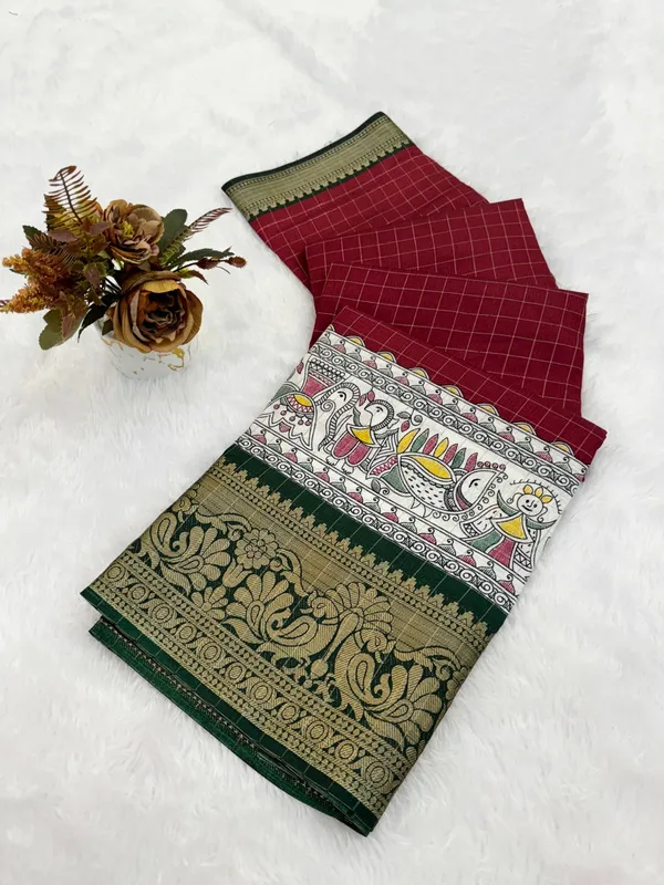 Maroon_Traditional_Kalamkari_Print_Cotton_Saree_With_Zari_Border_For_Women
