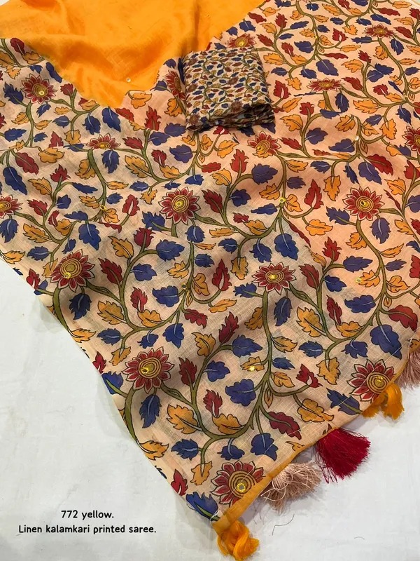 Multicolor_Linen_Kalamkari_Printed_Saree_With_Blouse_For_Women