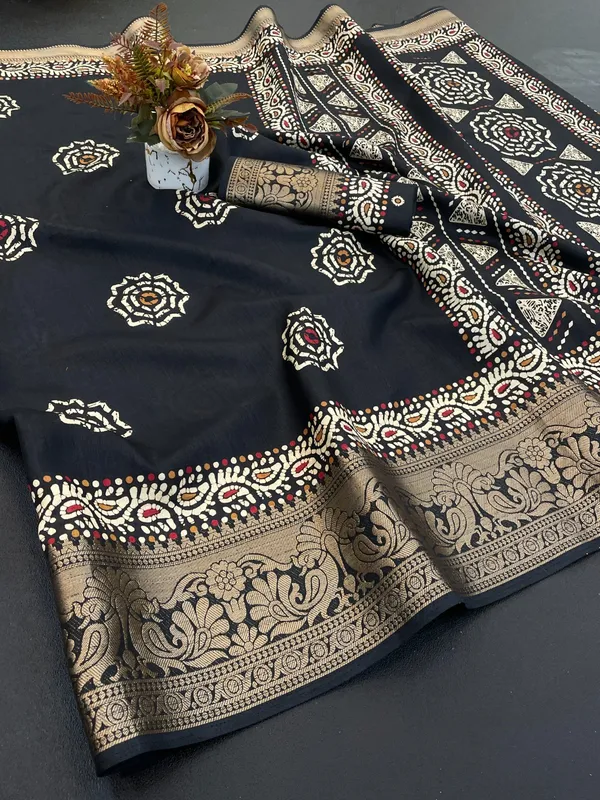 Black_Banarasi_Silk_Saree_With_Zari_Border_And_Embroidered_Blouse_For_Women