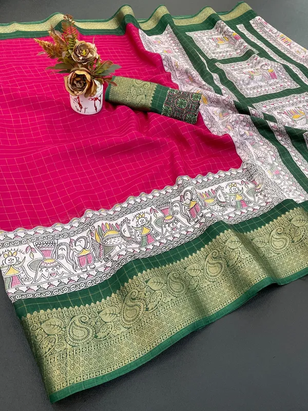 Magenta_Pink_Traditional_Saree_With_Kalamkari_Print_Border_And_Contrast_For_Women