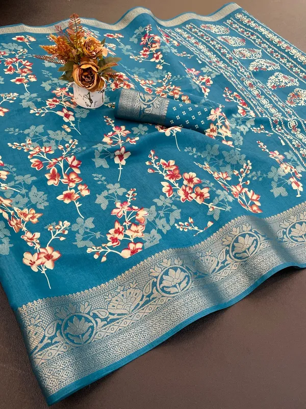 Teal_Blue_Floral_Print_Saree_With_Border_For_Women