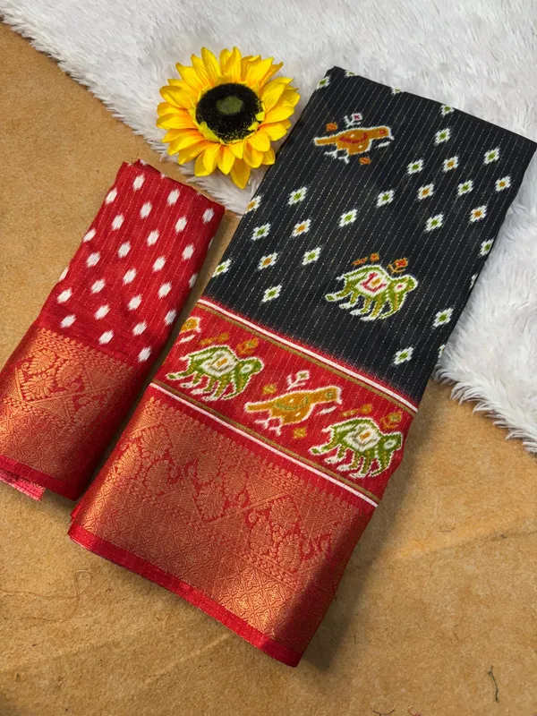 Black_With_Red_Border_Ikkat_Silk_Saree_With_Border_And_Elephant_Motifs_For_Women