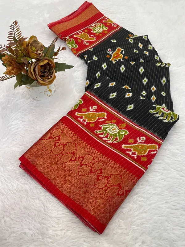 Black_With_Red_Border_Ikkat_Silk_Saree_With_Border_And_Elephant_Motifs_For_Women
