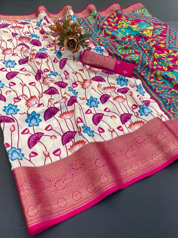 Cream_With_Pink_Border_Floral_Print_Banarasi_Silk_Saree_With_Contrast_Border_For_Women