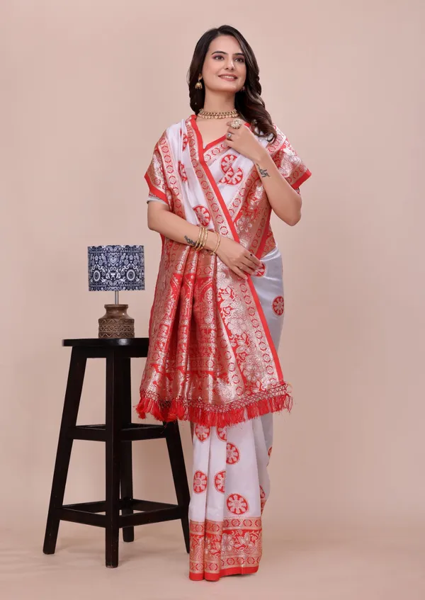 White_And_Red_And_Banarasi_Silk_Saree_With_Zari_Work_For_Women