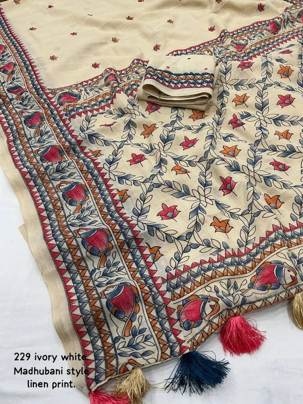 Ivory_White_Ivory_Madhubani_Style_Linen_Saree_With_Printed_Blouse_For_Women