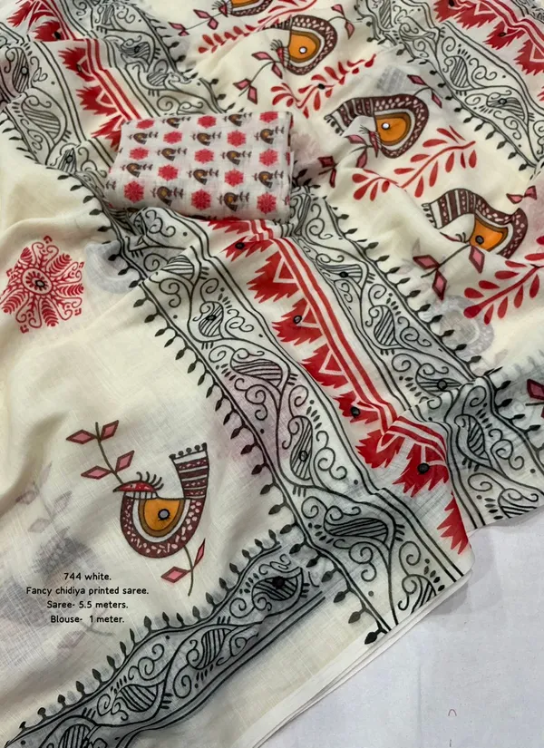 White_Fancy_Chidiya_Printed_Saree_With_Blouse